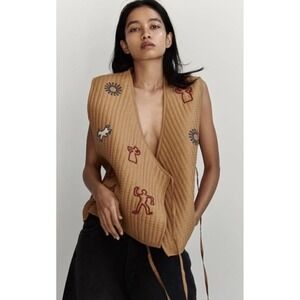 Zara Women Oversized Quilted Embroidered Wrap Vest Brown Size S Western Aztec